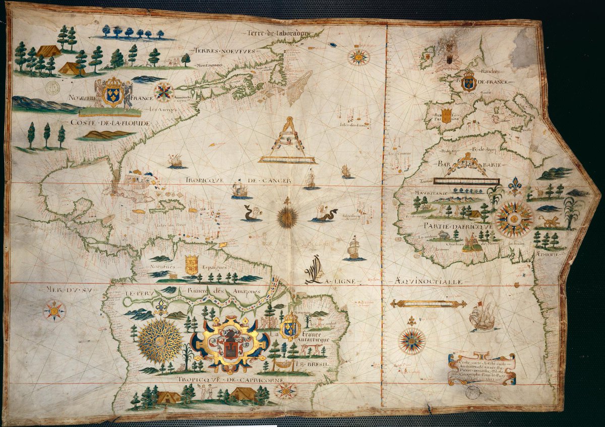 Check out this richly illustrated 17th century portolan chart, from the World Digital Library! The map is hand-drawn on vellum, painted, and decorated with gold leaf. Take a closer look: loc.gov/resource/gdcwd…