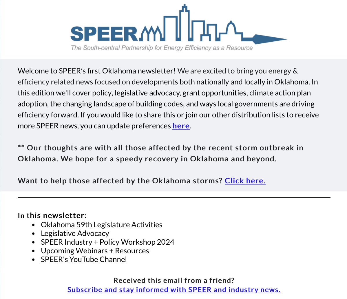 We are excited to announce SPEER's first Oklahoma newsletter, 'Oklahoma: Powering Forward.' Here you will find energy & efficiency related news focused on developments both nationally and locally in Oklahoma. Dive in here: ow.ly/OuNn50RsrmQ