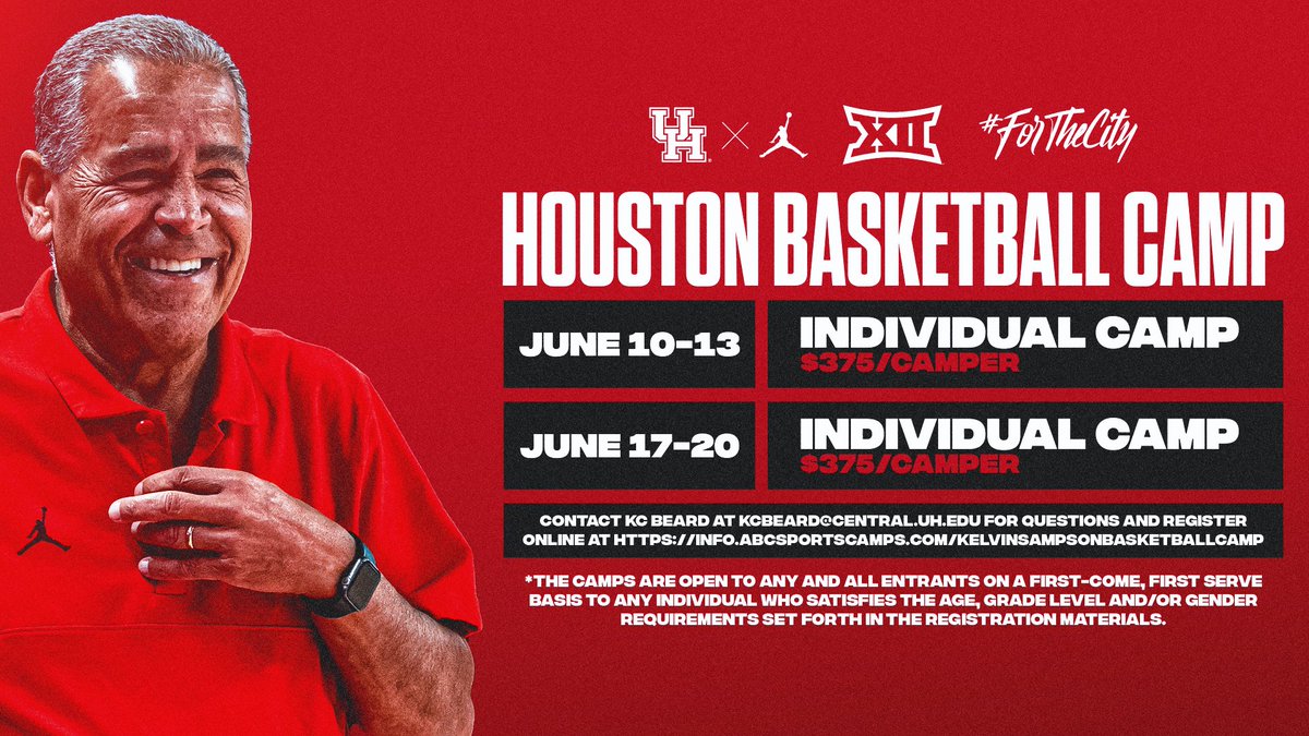 .@CoachSampsonUH individual summer camps begin June 10 Don't wait... VISIT bit.ly/3exEaRR to register & for more information #ForTheCity x #GoCoogs