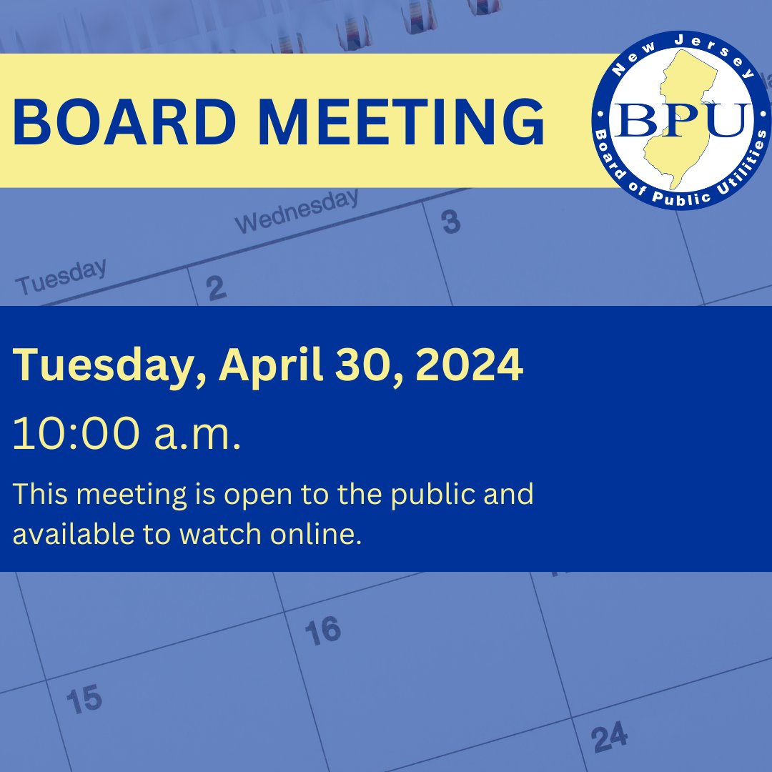 TODAY- NJBPU’s Board meeting will start at 10 a.m. Find the agenda & additional details here: bit.ly/4aRyDR0 The meeting is open to the public: Board Hearing Room, 1st Floor, 44 South Clinton Avenue, Trenton, NJ, or watch online: youtube.com/watch?v=D_xV_H…