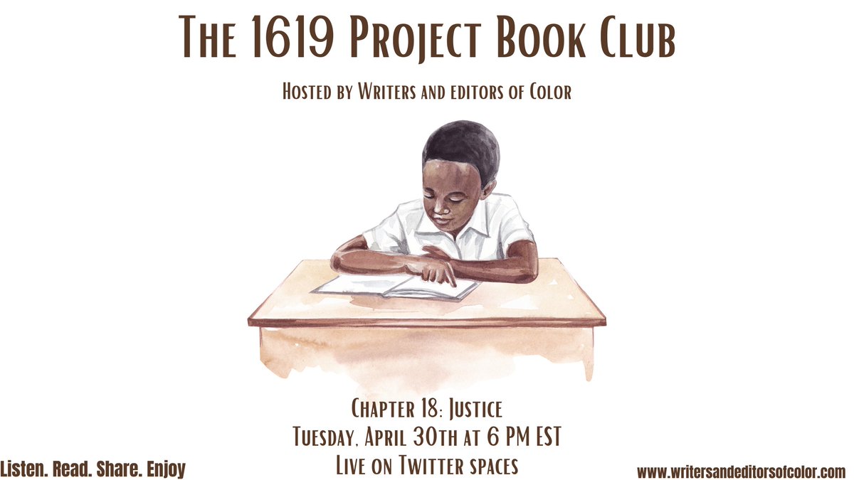 Join #WEOC for our last 1619 Project Book Club tonight at 6PM EST as we unpack Chapter 18: Justice, written by Nicole Hannah-Jones.

twitter.com/i/spaces/1LyxB…

@latashaeley
@KoliBosco
@dynastihunt
@ernestedwards54
@beyourownkind24
@idabeewells
@GabrielProsser3
@GnBlackgoddess