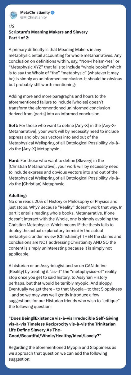 23/24
Scripture’s Meaning Makers and Slavery 

Obviously the following are problematic methods:

A swath of History = Metaphysics
A swath of Assyriology = Metaphysics

That’s uncomplicated and yet it’s an oddly common praxis e.g. x.com/m_christianity… ↘️