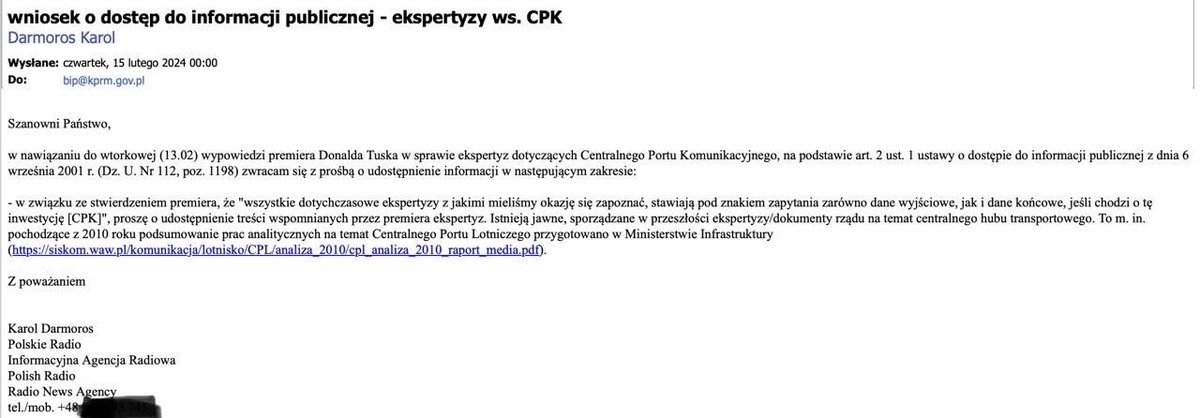 #CPK #informacjapubliczna Wniosek do KPRM o ekspertyzy, na które w lutym powoływał się PDT, od 2,5 miesiąca bez odpowiedzi. Ponaglenie wysłane.