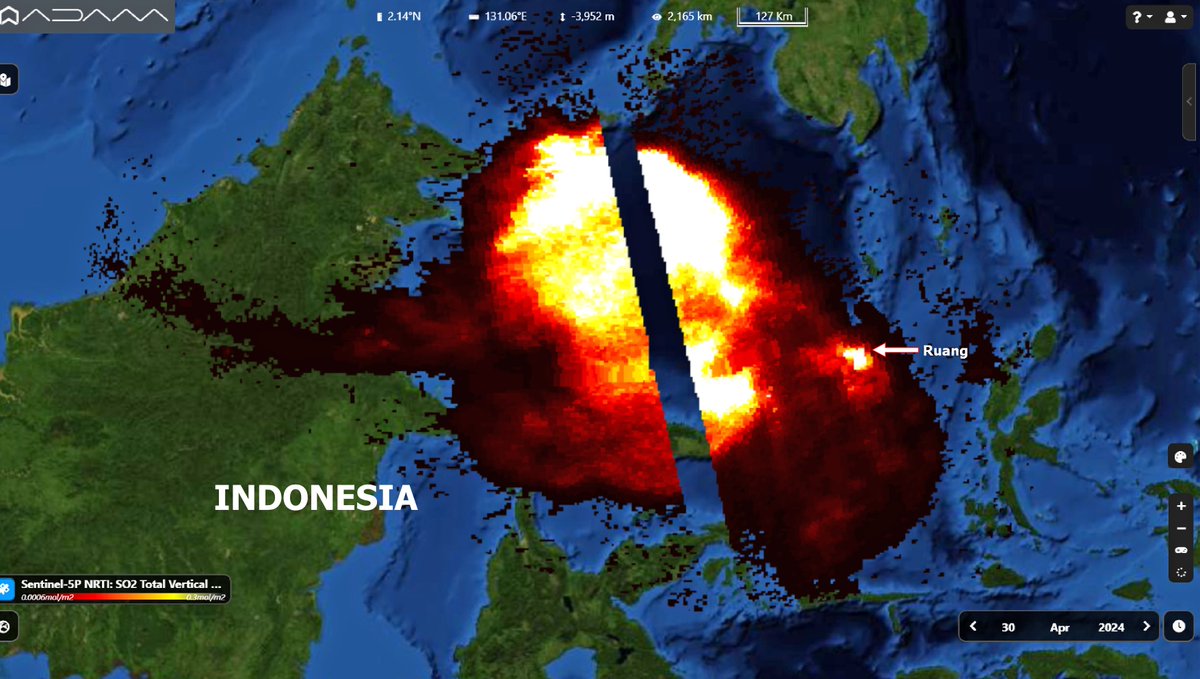 The new big explosive eruption of #Ruang with a column of several Kms in atmosphere, from space. 
The #Copernicus #Sentinel5p #Tropomi map on April 30th shows the plume of SO2 from the #volcano in #Indonesia. #AirQuality #ruangvolcano 
<a href="/PendakiJakarta/">PENDAKI JAKARTA 🇮🇩</a> <a href="/infomitigasi/">INFOMITIGASI</a> <a href="/id_magma/">MAGMA Indonesia</a>