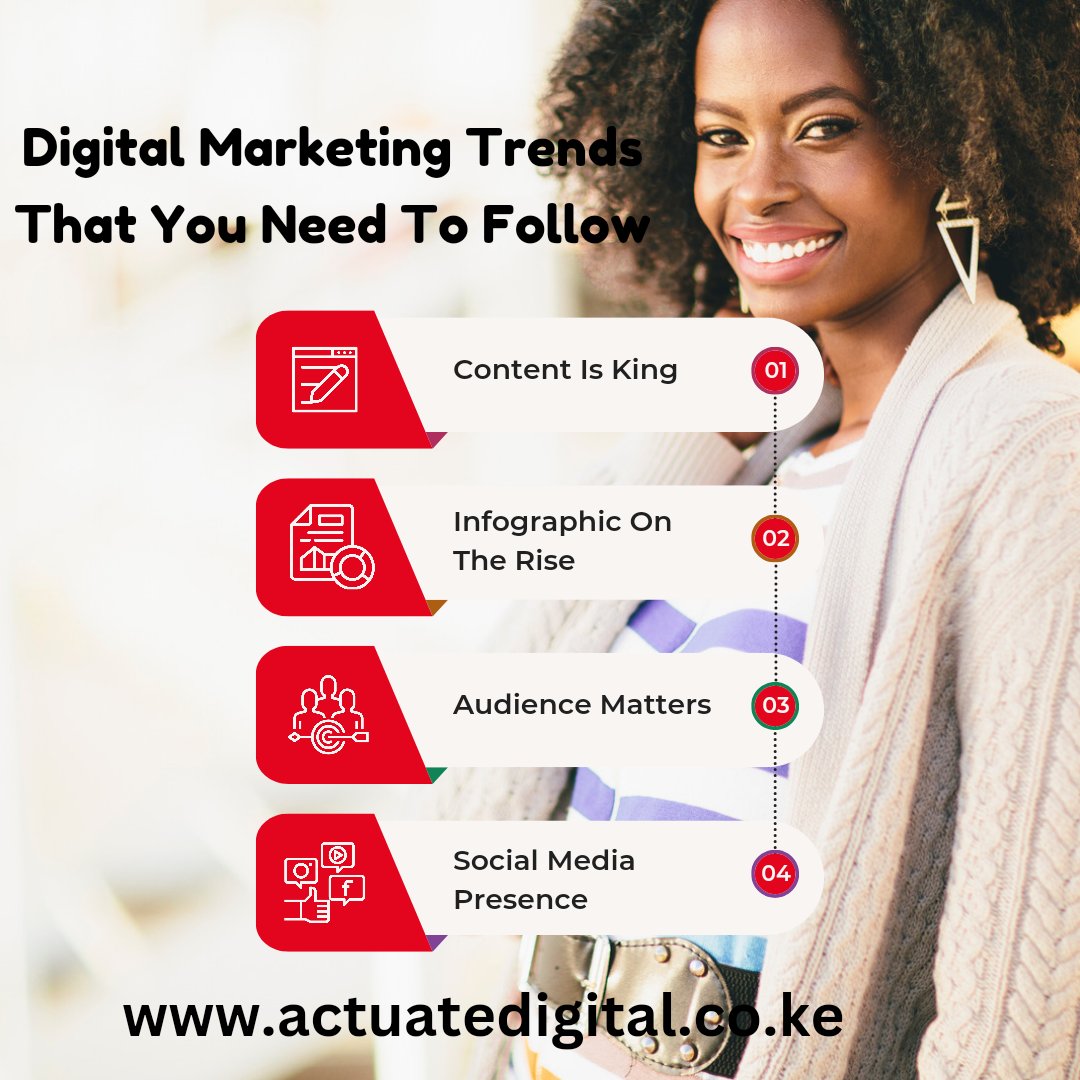 Digital Marketing trends are very important when at the onset of your online business. 

▪︎Content is King.
▪︎Infographic is on the rise.
▪︎Audience Matters
▪︎Social Media Presence 

● 254 738759566 
●Email info@actuatedigital.co.ke

#digitalmarketingtrends
#actuate