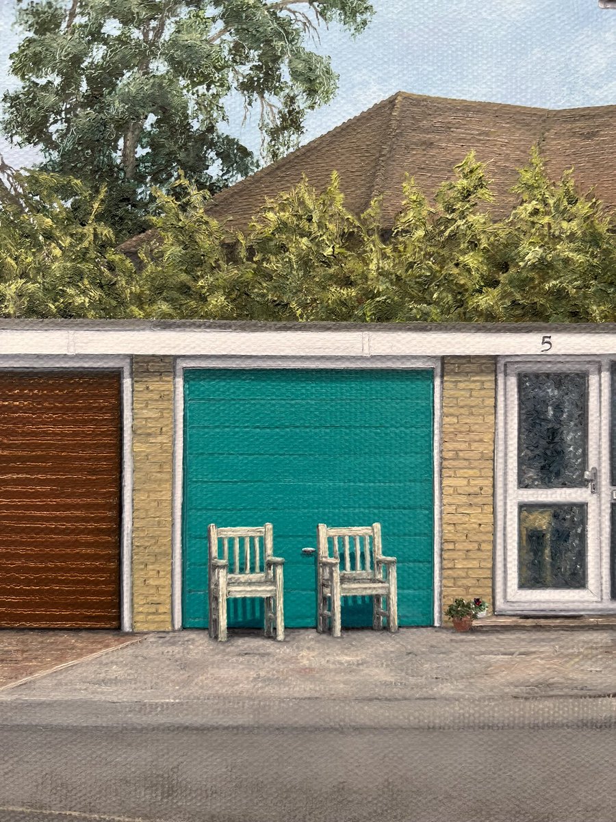 Detail of work in progress Obscure glass, potted plants, garden chairs and crazy paving #suburbangeometry