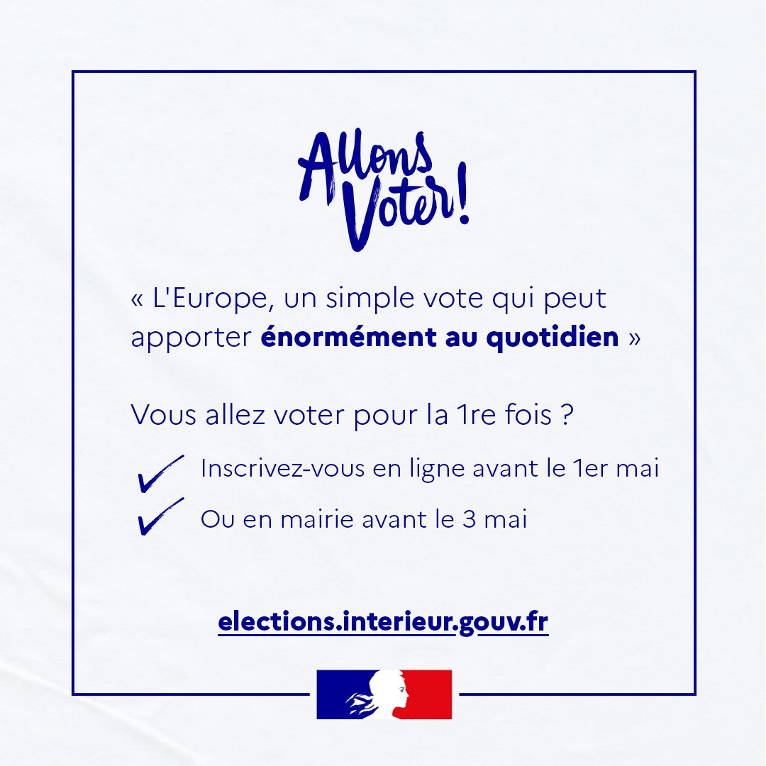 | ÉLECTIONS EUROPÉENNES | #Europeennes2024 Le 9 juin 2024, les Français sont invités à élire leurs représentants au Parlement européen. ❓Vous allez voter pour la 1re fois ? 👉Inscrivez-vous en ligne avant le 1er mai 👉Ou en mairie avant le 3 mai ➡️L'Europe, un simple vote qui…