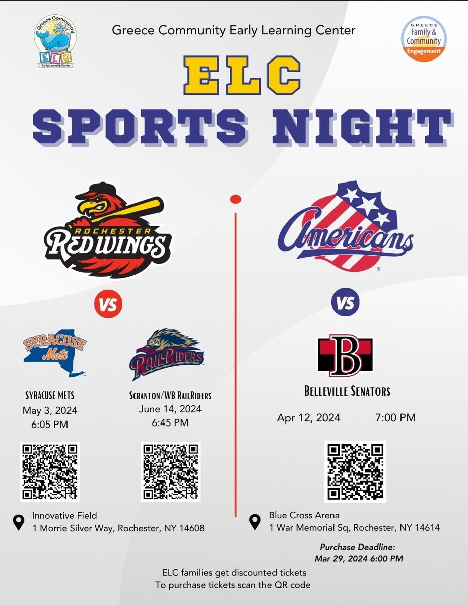 @GreeceELC Family REDWINGS SPORTS NIGHT @ @Innovativefield. 
Friday, May 3rd, which is also Teacher Appreciation Night!
Get your discount tickets from the QR Code below.
#CommunitySchools 
#Family #Fun #FamilyEngagement 
@GCSDcommschools
@mikejferris2
@valeriekpaine
@GCSDsuper