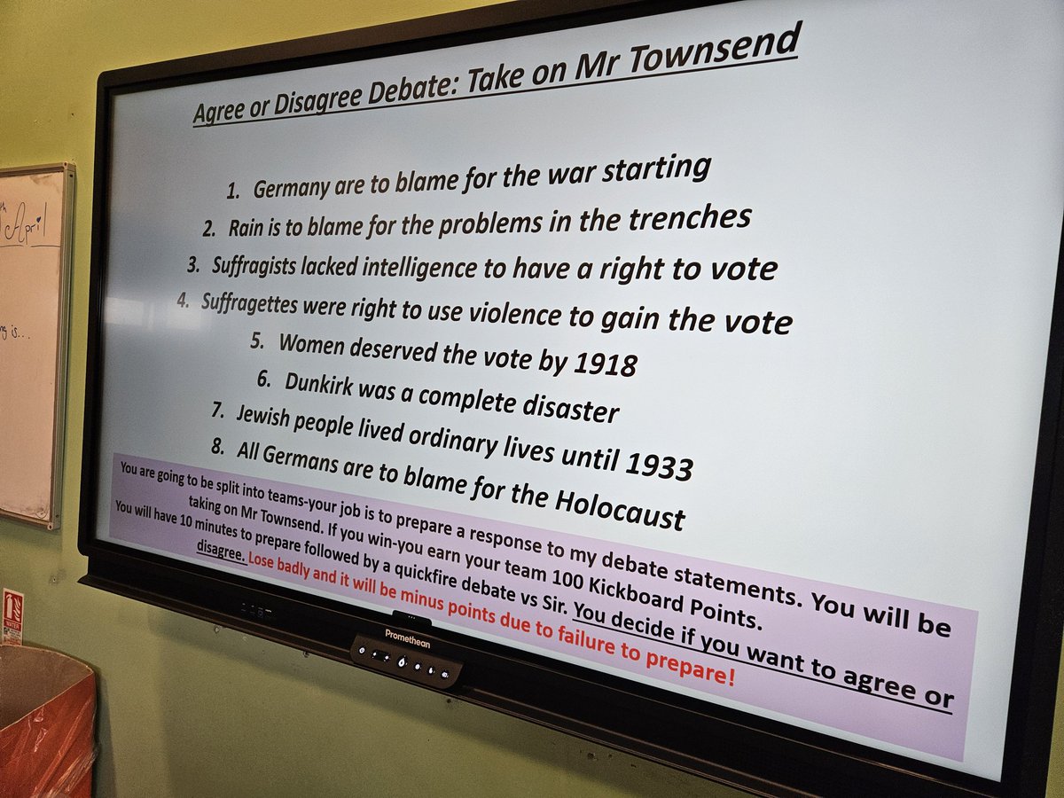 DTownsendNUSA's tweet image. It&apos;s debate time in Year 9 @OfficialNUSA History as part of their assessment reflections. Who believes they can challenge me in a 3 vs 1 debate where the terms of their debate argument are chosen by the pupils themselves and the time to prepare! #Oracy #SubjectKnowledge