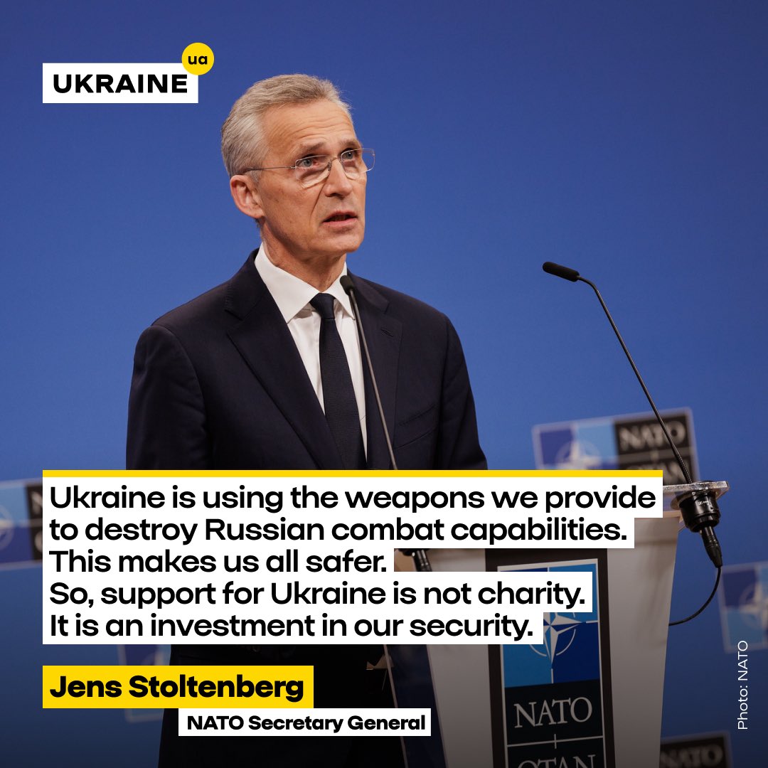 By supporting Ukraine, the world can stop the aggressor and ensure a just peace. The Ukrainian defenders know their job and perform it effectively on the battlefield. Arm Ukraine now to secure a peaceful future for all. We thank Jens Stoltenberg for the unwavering support 🤝🇺🇦