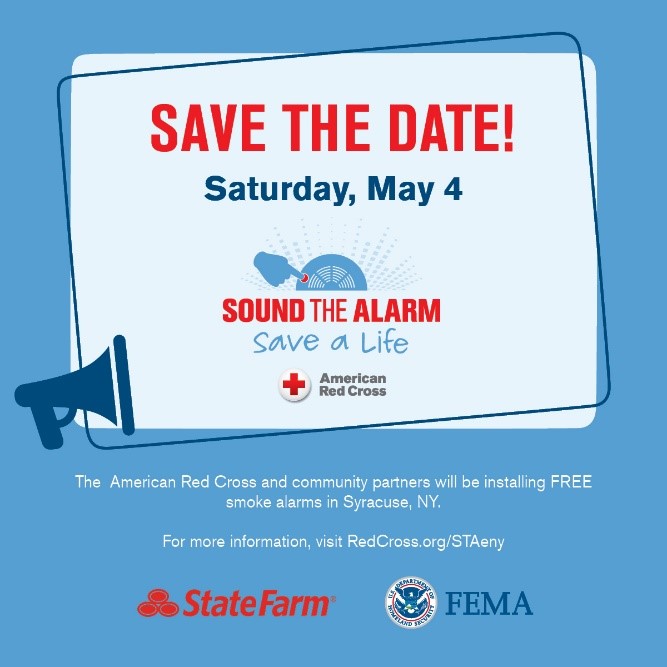 THIS SATURDAY! 📆 The @redcrosseny and partners will be visiting neighborhoods in Syracuse on May 4th to install FREE smoke alarms and provide fire safety information. Visit RedCross.org/STAeny for details. #EndHomeFires #RedCrossENY