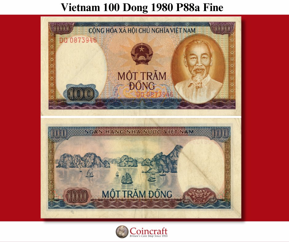 #Banknoteoftheweek: Vietnam 100 Dong 1980 P88a Fine Once Vietnam united, their currencies merged! In 1980, the first new Vietnamese 100 dong (P88a) was issued. It features a portrait of Hồ Chí Minh, and a beautiful sampan sailing ship on the back.  coincraft.com/vietnam-100-do…