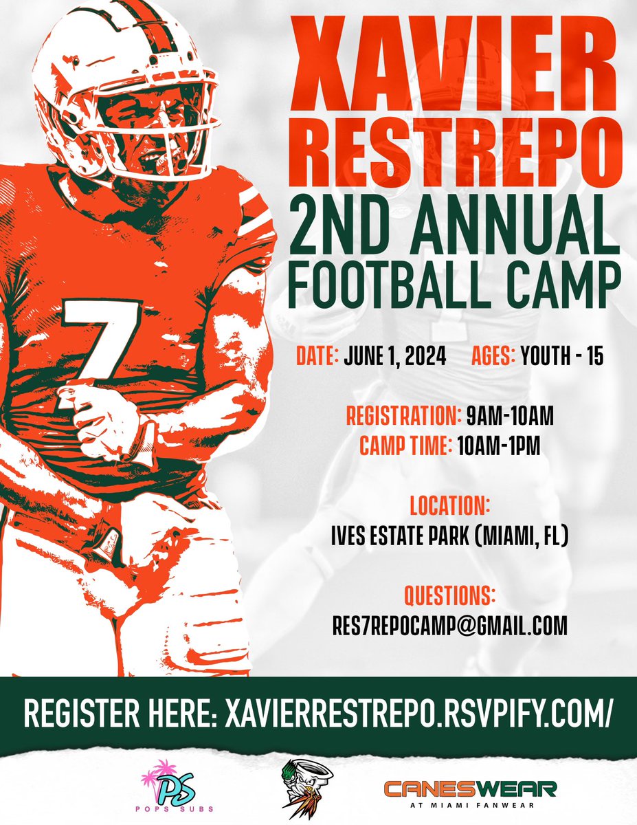 Make sure y’all come out! Free camp! Food, drinks and prizes will be given out! Register: xavierrestrepo.rsvpify.com Prizes: Up to 10: Fastest man: $50 dicks gift card + a free haircut by the famous Canesbarber Furthest throw: $50 dicks gift card Best hands: $50 dicks gift…