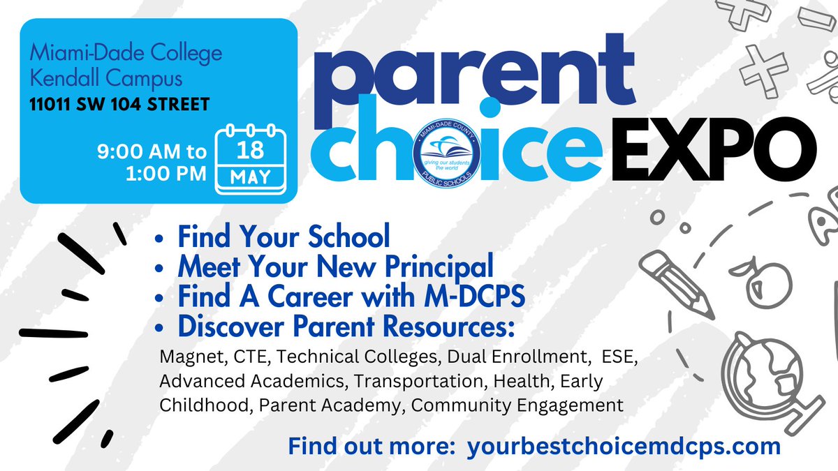 SAVE THE DATE! 🗓️✏️Looking for the perfect fit for your child's education next year, or interested in a rewarding career with @MDCPS? Join us at the Parent Choice Expo hosted at #MDCNorth on May 11th and at #MDCKendall on May 18th both starting at 9 AM! #YourBestChoiceMDCPS