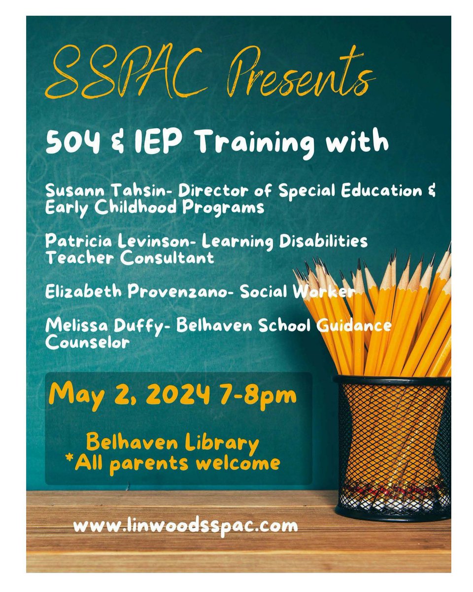 Please join us this Thursday, May 2nd for IEP and 504 Training sponsored by Linwood SSPAC.