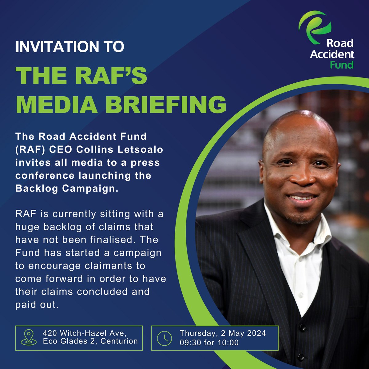 [MEDIA BRIEFING] The RAF CEO, Mr. Collins Letsoalo invites all members of the media to a press conference for the launch of the #Backlog campaign. You can also stream the conference LIVE on the following platforms: Facebook: @RoadAccidentFund YouTube: Road Accident Fund #ICare²