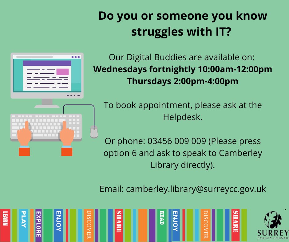 We will have appointments every other Wednesday 10am-12pm and every Thursday 2-4pm. To book an appointment: 🗣️ In Branch - Camberley Library, GU15 3SY 📧 By email - camberley.library@surreycc.gov.uk 📞 By Phone - 03456 009 009 option 6 #Camberley @SurreyLibraries