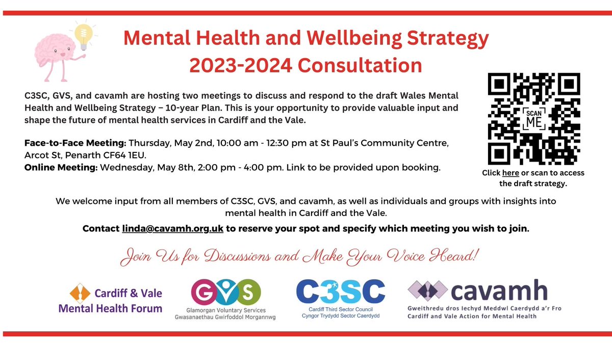 C3SC, @GVolServices and @cavamh are looking to gather views from #community groups and individuals to respond to the Draft Mental Health and Wellbeing Strategy's next 10 year plan. As such, the first of 2 consultations will be held this Thursday, 2 May from 10am at St. Paul's…