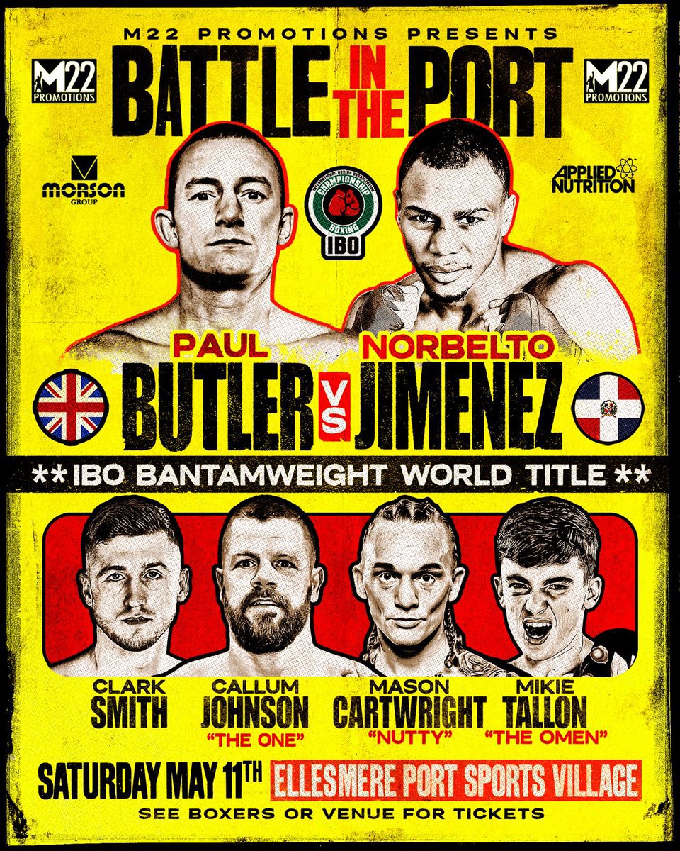 Battle in the Port 🥊 11.5.24 @1paulbutler01 aims become 3 time World Champion U/card featuring @callumtheone @masonnuttycartwright & up coming prospects @clarksmith_7 & @mikie_tallon . Tickets available from fighters & Venue 🎟️ #Boxing #Battleintheport #M22