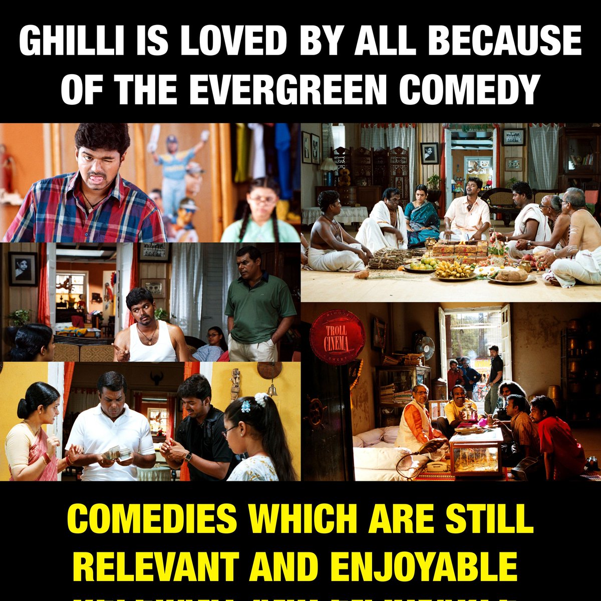 No separate comedy track, yet the comedies are evergreen ❤️ 

#Ghilli #Barathan #Thalapathy