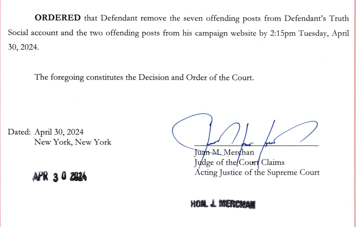 NEWS: In his written order holding Trump in contempt, a Manhattan judge warns the former president that 'an incarceratory punishment' could follow for further violations. Also: Trump must take down the nine posts by 2:15 p.m. Ruling nycourts.gov/LegacyPDFS/pre…