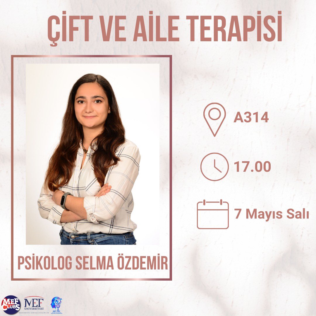 Sizlere Çift ve Aile Terapisi etkinliğimizi duyurmaktan mutluluk duyuyoruz 🤩. Etkinlikte bizlere Psikolog Selma Özdemir eşlik edecek. Hepinizi 7 Mayıs Salı saat 17.00'de A314 Numaralı sınıfa bekliyoruz 🙌🏻.