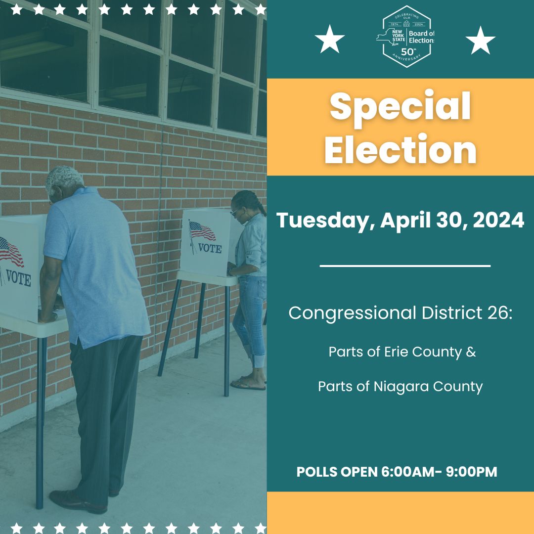 Today is a Special Election Day for residents of CD 26! Polls are open from 6:00am-9:00pm. Visit voterlookup.elections.ny.gov to find your poll site.