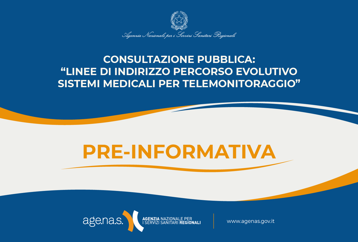 Agenas_Salute's tweet photo. ‼️ PRE-INFORMATIVA
📑#AGENAS a breve proporrà una consultazione pubblica sul documento “Linee di indirizzo percorso evolutivo Sistemi Medicali per Tele monitoraggio”.
#telemedicina #telemonitoraggio #sanitàdigitale
👇Per maggiori informazioni:
https://t.co/gsBipLTASa https://t.co/NTretk99Zd
