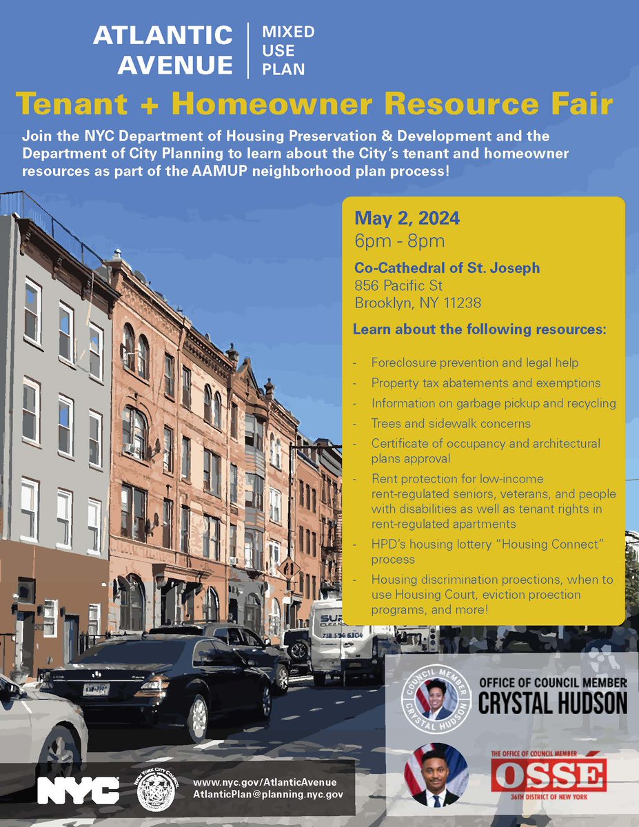 On Thursday, 5/2, we’re joining @NYCHousing for a tenant & homeowner resource fair with @CMCrystalHudson + @CMChiOsse, as part of the Atlantic Ave Mixed-Use Plan! Get info on property tax abatements, rent protections, foreclosure prevention and more: nyc.gov/site/hpd/event…