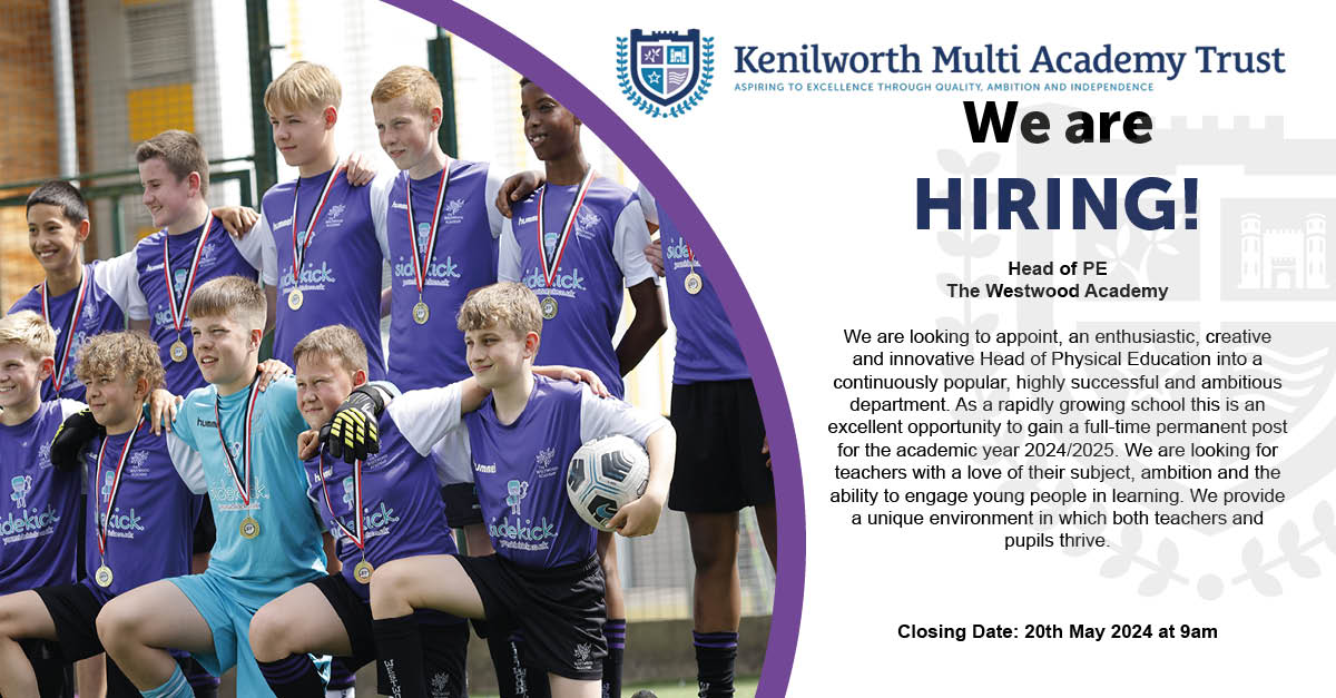 We are currently hiring a Head of PE

kmat.org.uk/3466/vacancies…
  
 Closing date: 9am on 20th May 2024
  
 #TWA #KMAT #Teachingjobs #recruitment #educationcareer #educationjobs #teachingopportunities #coventry  #Teaching #PETeacher #PE