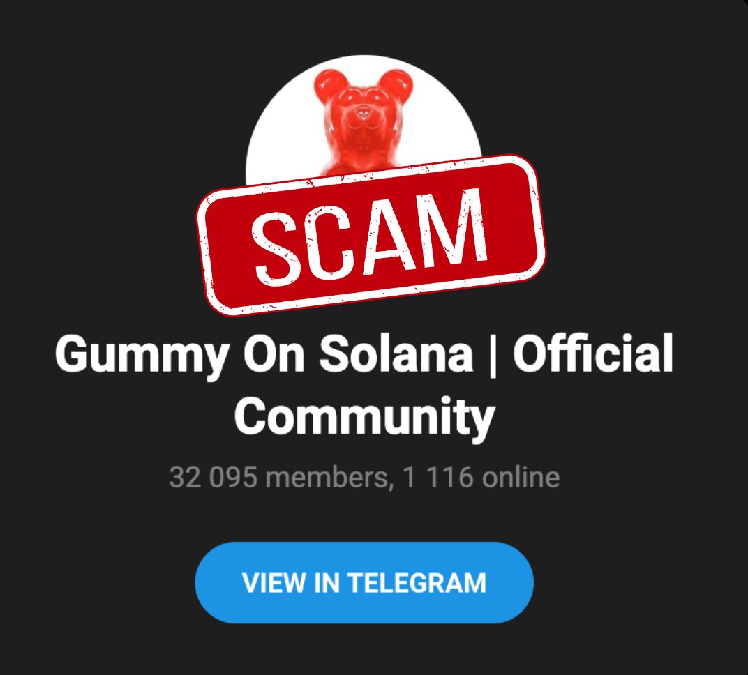 🚨 There are 30k of you in a FAKE Telegram $GUMMY chat that is scamming our community. 

PLEASE, do not interact with this group and help us spread the word. 

🔴 THIS IS THE OFFICIAL $GUMMY TELEGRAM: t.me/thegummyonsola… - I REPEAT THIS LINK IS THE OFFICIAL TELEGRAM LINK!
