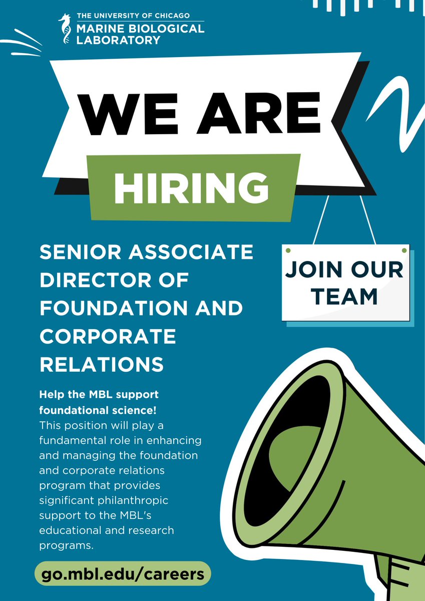 The MBL is HIRING! Join the MBL's #Development team as Senior Associate Director of Foundation and Corporate Relations. go.mbl.edu/FoundationsJob #JobAd #hiring #woodsholejobs #mbljobs #nonprofitjobs #philanthropy #developmentjobs #werehiring