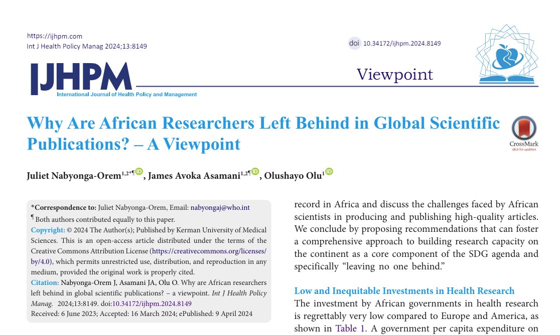 Why Are African Researchers Left Behind in Global Scientific Publications? @julienabyonga @jamesavoka & @oluisnow ijhpm.com/article_4578_e…