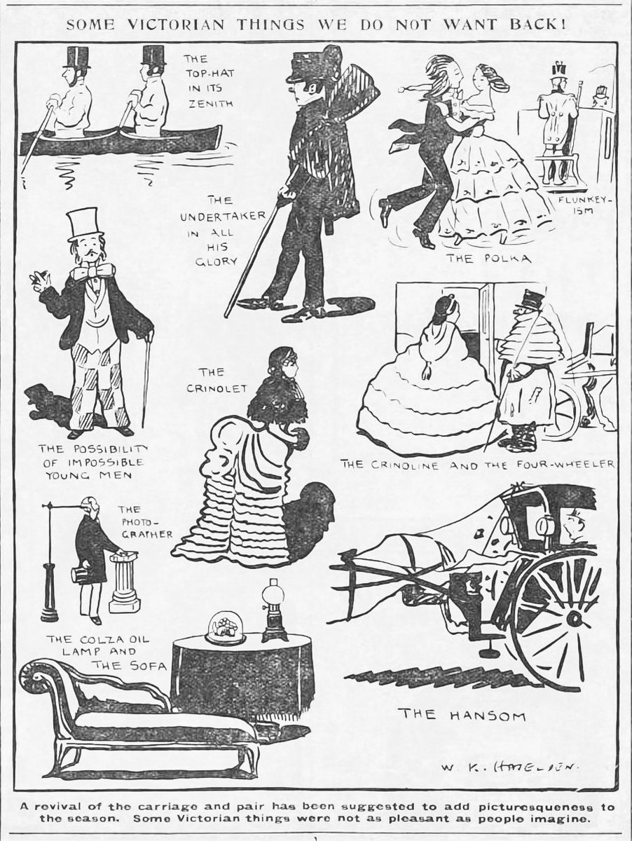 “Some Victorian Things We Do Not Want Back!” from the Daily Mirror. The cartoonist reflects on the strange fashion of the 80s.