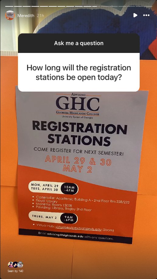 Did you know there are registration stations on campus this week? Learn more by watching our latest Instagram highlight with Executive Director of Strategic Communications Meredith Bruno, then register! Instagram.com/gahighlands Enroll today at highlands.edu #BoltUp