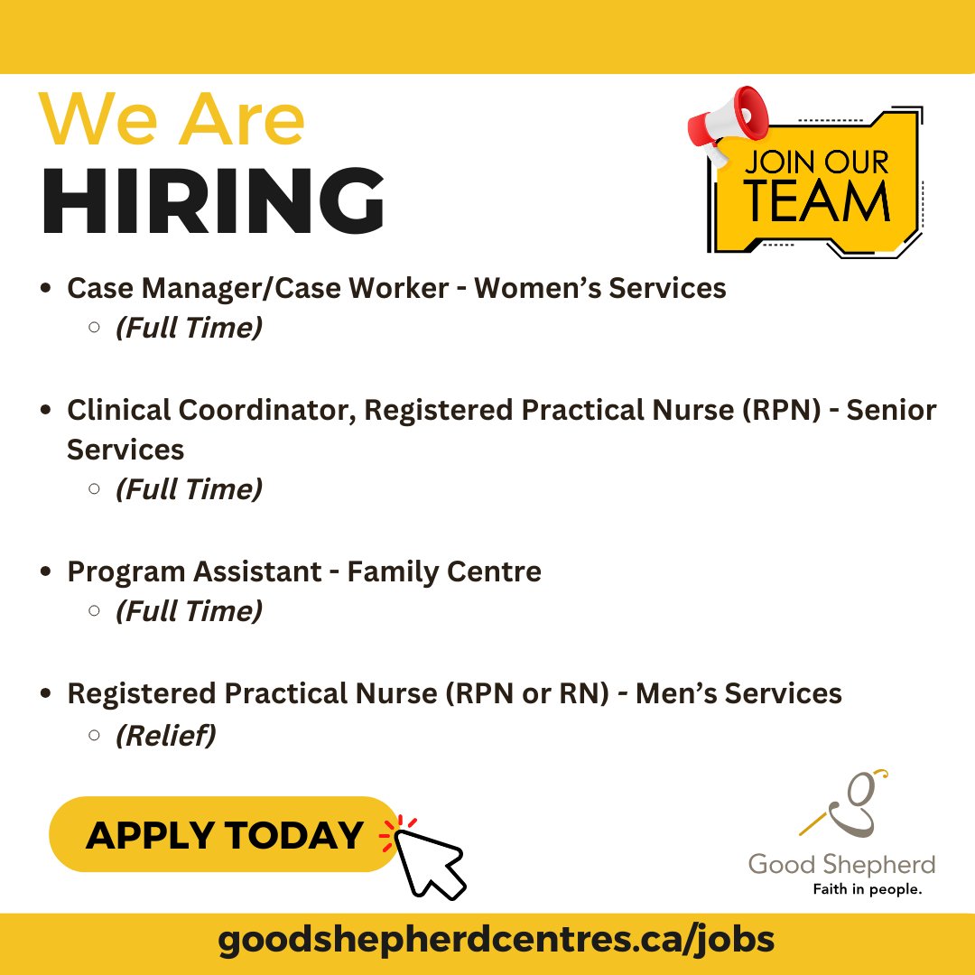 We're hiring! New job postings have been added to our website. For details, visit goodshepherdcentres.ca/jobs