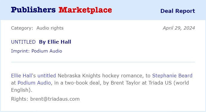 Congratulations to Ellie Hall on the audio sale of her Nebraska Knights hockey romances! #TeamTriada