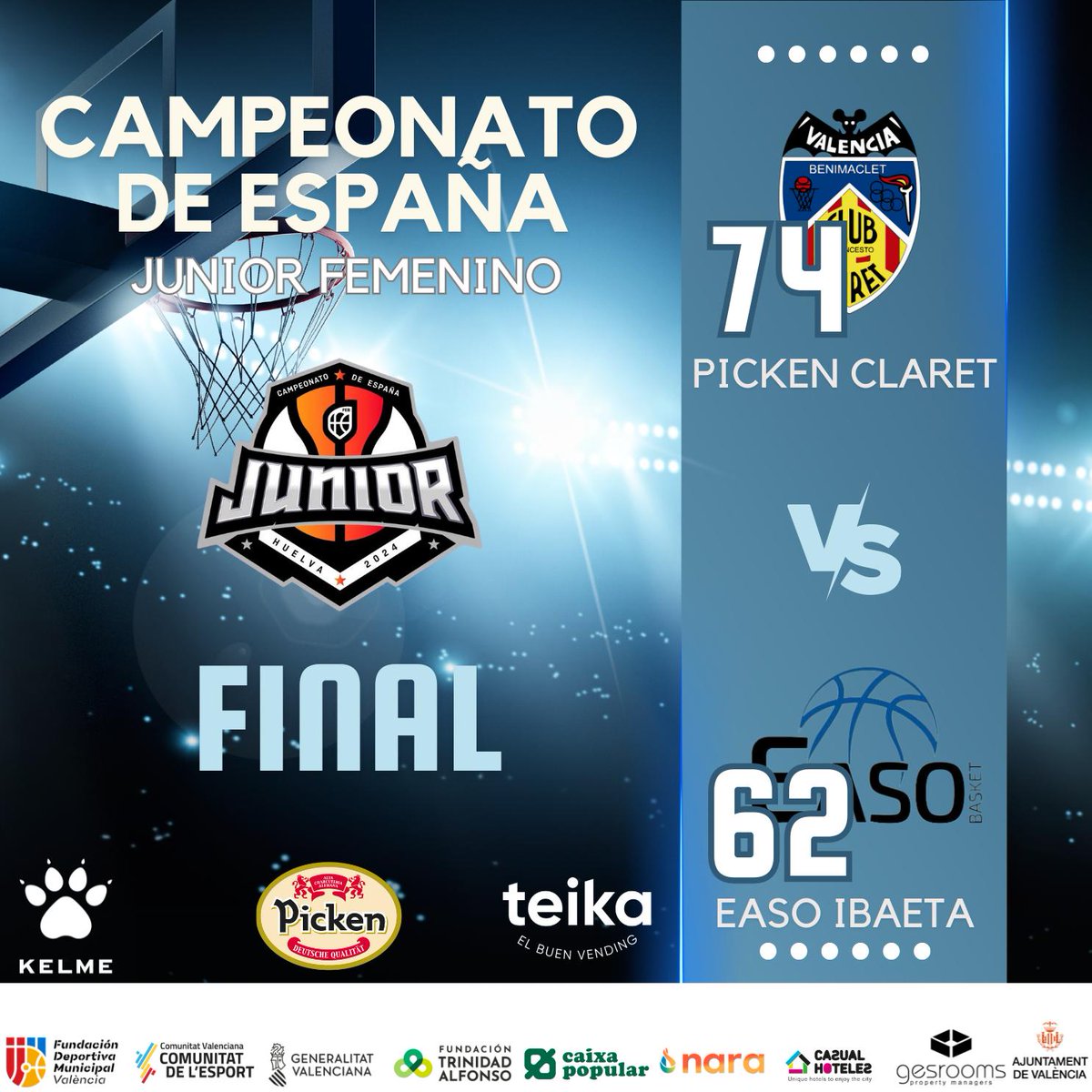Campeonato España Junior, 2° partido: Picken Claret 74 - @easobasket 62. Gran reacción de todas, a un inicio complicado. ¡Estamos en octavos equipo!💪 #goPickenclaret #orgulloAmarillo #JueganEllasGanamosTodos