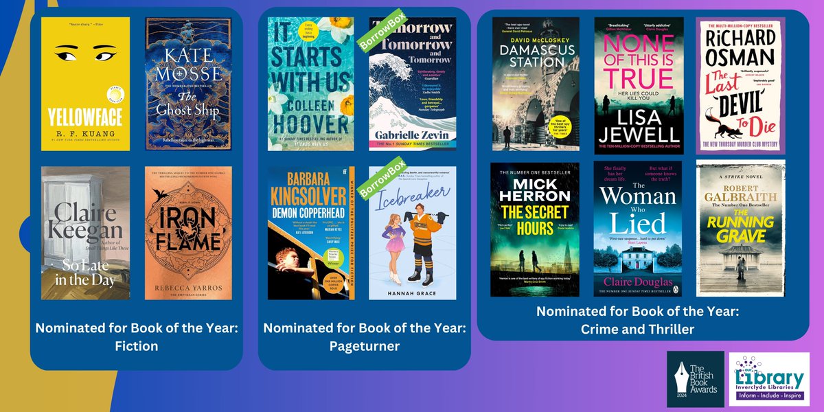 With the @thebookseller British Book Awards or 'Nibbies' being awarded on the 13th May why not get caught up with some of this year's nominees?! Borrow these titles and more in branch or online. #Nibbies #BorrowBox #libraries inverclyde.spydus.co.uk/cgi-bin/spydus… inverclyde.borrowbox.com