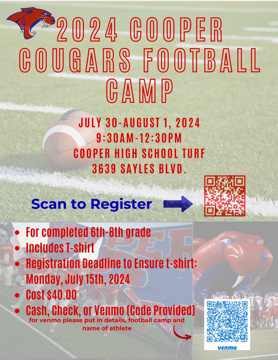 2024 Future Coogs Camp Info: July 30th-Aug 1st 9:30am-12:30pm Cooper Turf Field 3639 Sayles Blvd For completed 6th-8th Registration Link (July 15th): docs.google.com/forms/d/e/1FAI… Venmo: venmo.com/u/Cooperathlet…