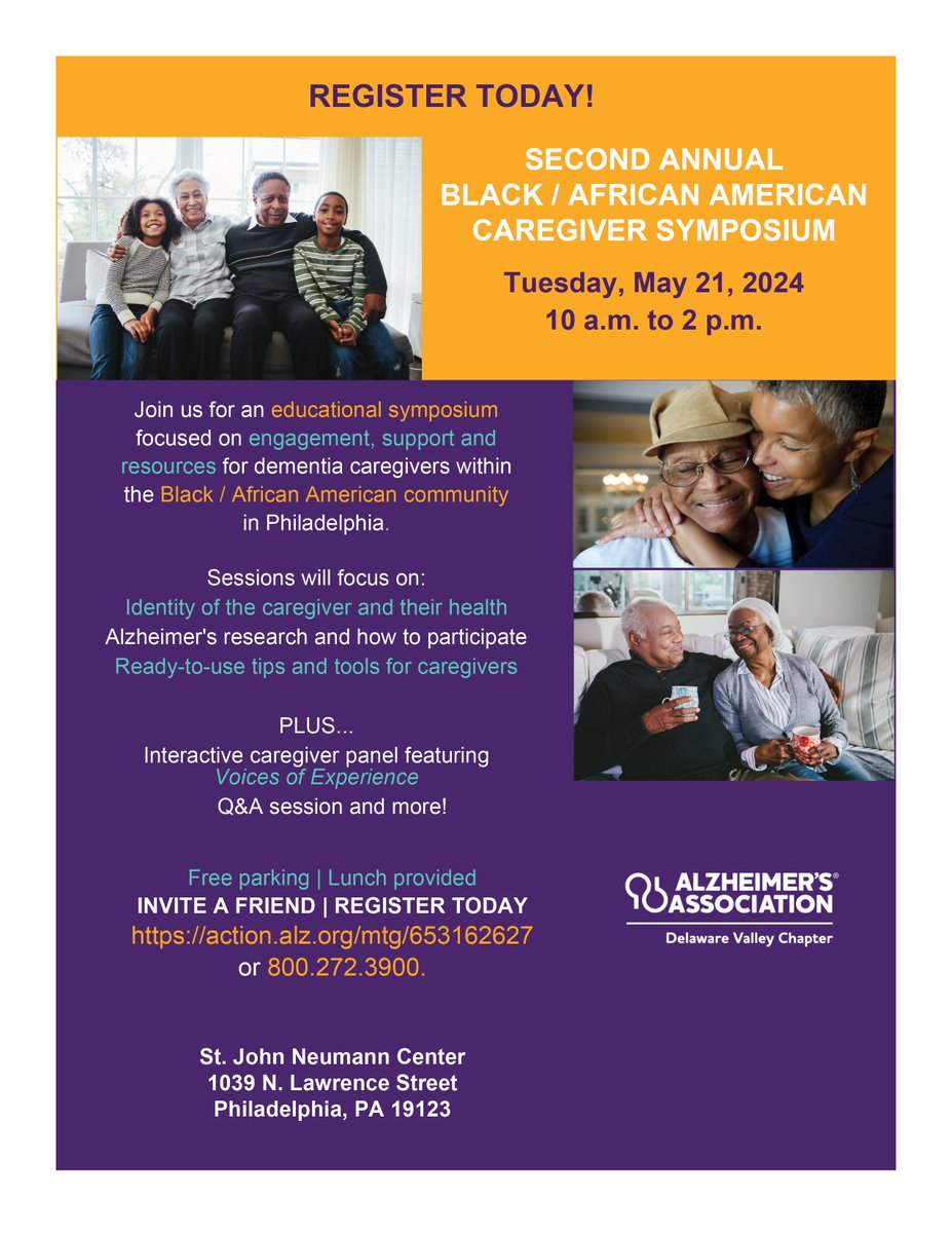 Join the Alzheimer's Association Delaware Valley Chapter for a FREE educational symposium focused on engagement, support and resources for caregivers within the Black / African American community in Philadelphia: action.alz.org/mtg/653162627 @alzassociation #blackcaregivers