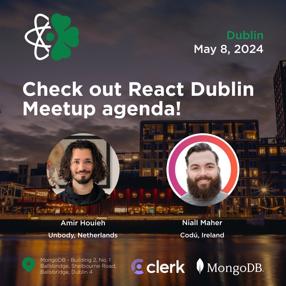 Discover our speakers for the upcoming #ReactDublinMeetup 📣

• @amirhouieh - AI for Private Data in One Line!
• @nialljoemaher - Why Use Expo in 2024?

💡 Interested in speaking? Fill out the CFP form: docs.google.com/forms/d/e/1FAI…

Register now and join us on May 8! 👉