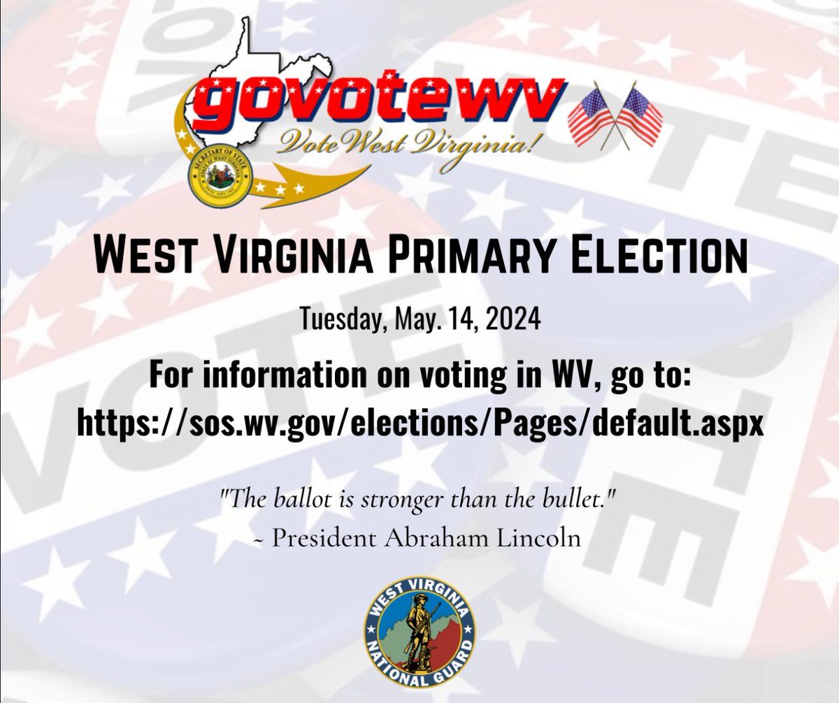 Voting is a fundamental American right & responsibility. The WV primary election for 2024 will be held Tuesday, May 14. Early voting will be conducted in all 55 counties beginning May 1 - May 11. For WV voting info, go to: sos.wv.gov/elections/Page… #Vote #OneGuard @wvsosoffice