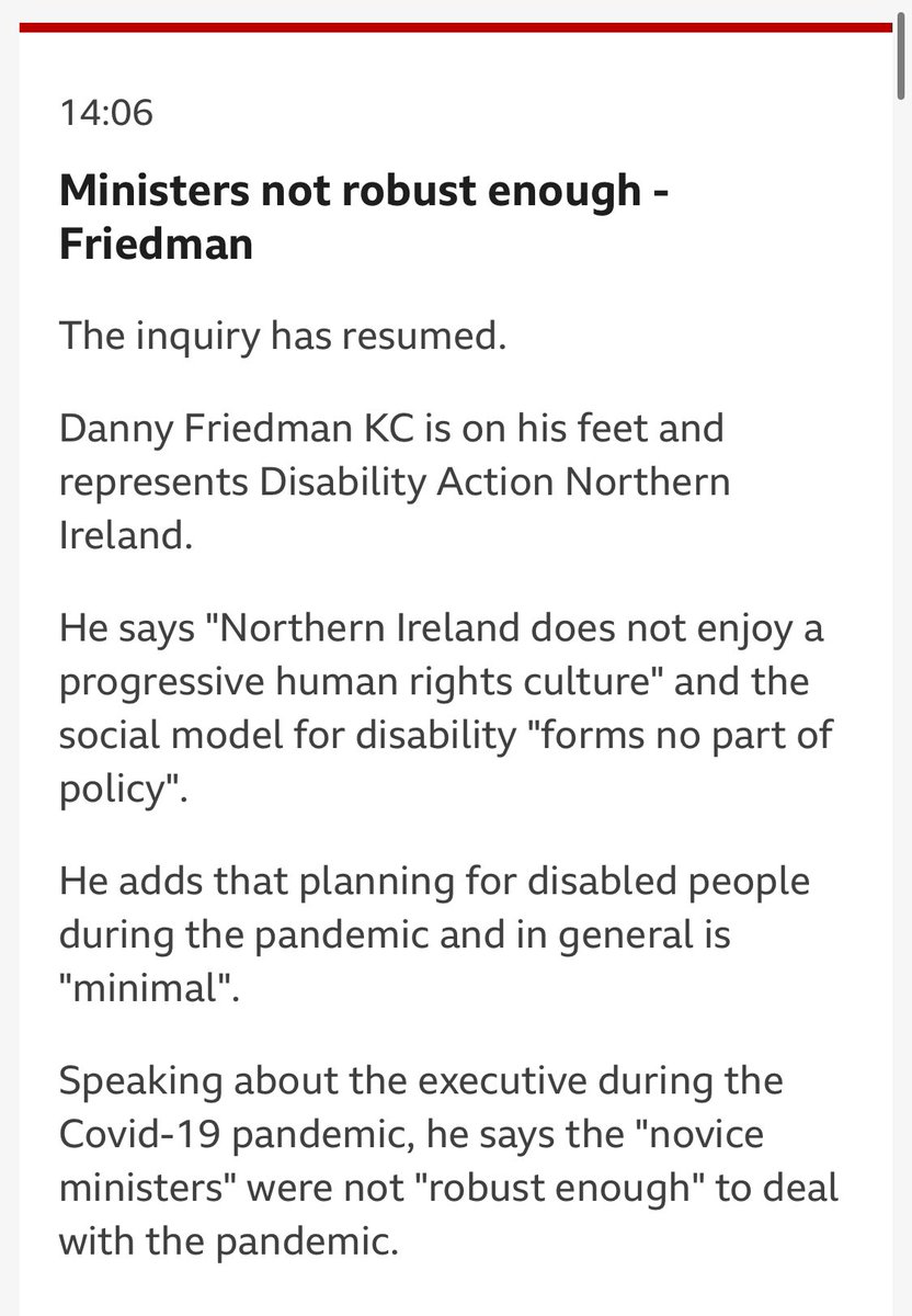 Reporting on opening submissions on behalf of Disability Action Northern Ireland @disabilityni at the @covidinquiryuk from @BBCNews. Bhatt Murphy instructs Danny Friedman KC, Anita Davies & Robbie Stern @MatrixChambers Watch the hearing from 1.45pm here youtube.com/live/UsnsRalBA…