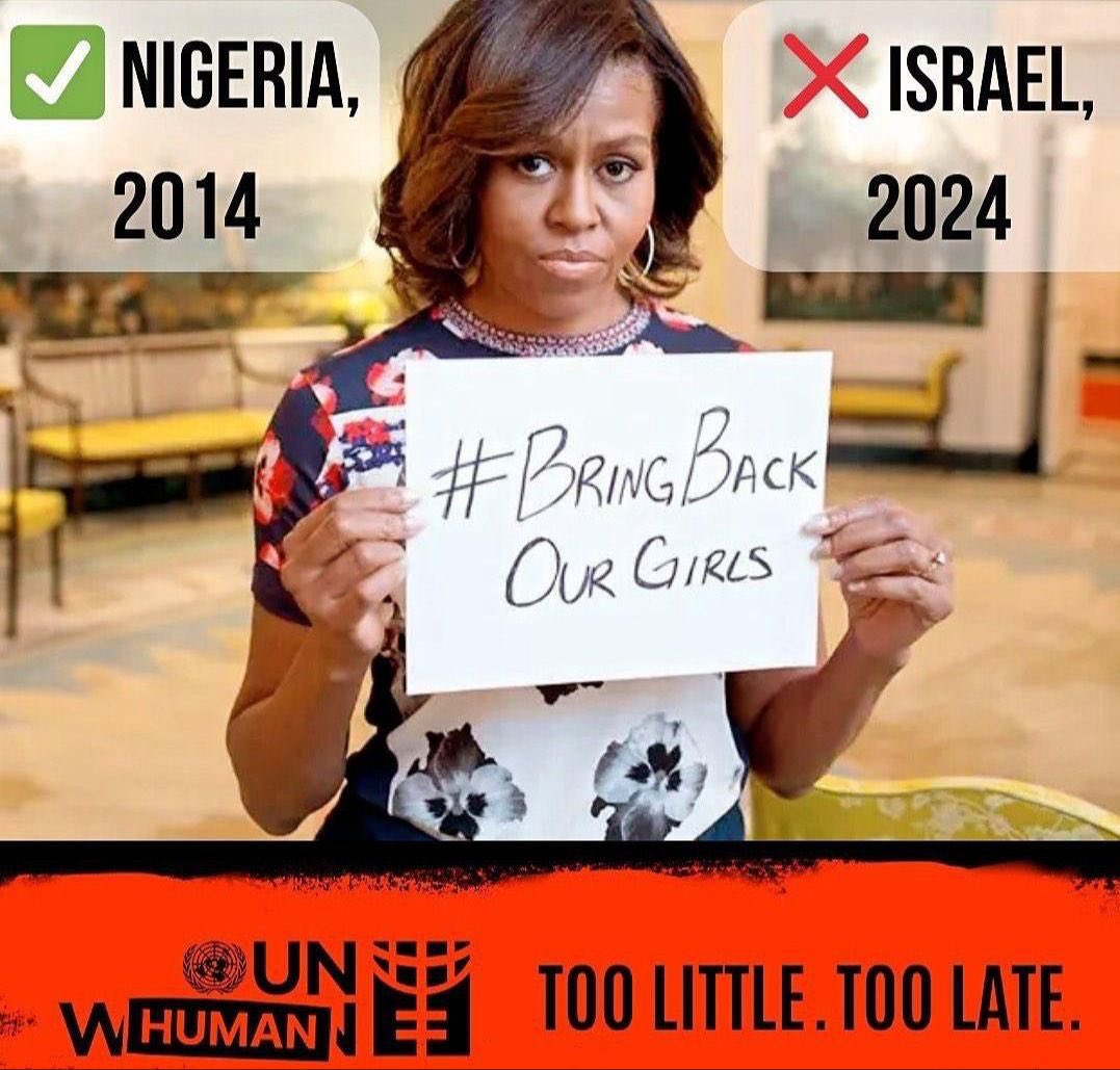 2004: Islamic terrorists kidnapped women and girls in Nigeria.

Michelle Obama leads the #BringBackOurGirls campaign.

2023: Islamic terrorists kidnapped women and girls in Israel.

Michelle Obama refuses to even condemn the terror.

The hypocrisy is staggering and tells you…