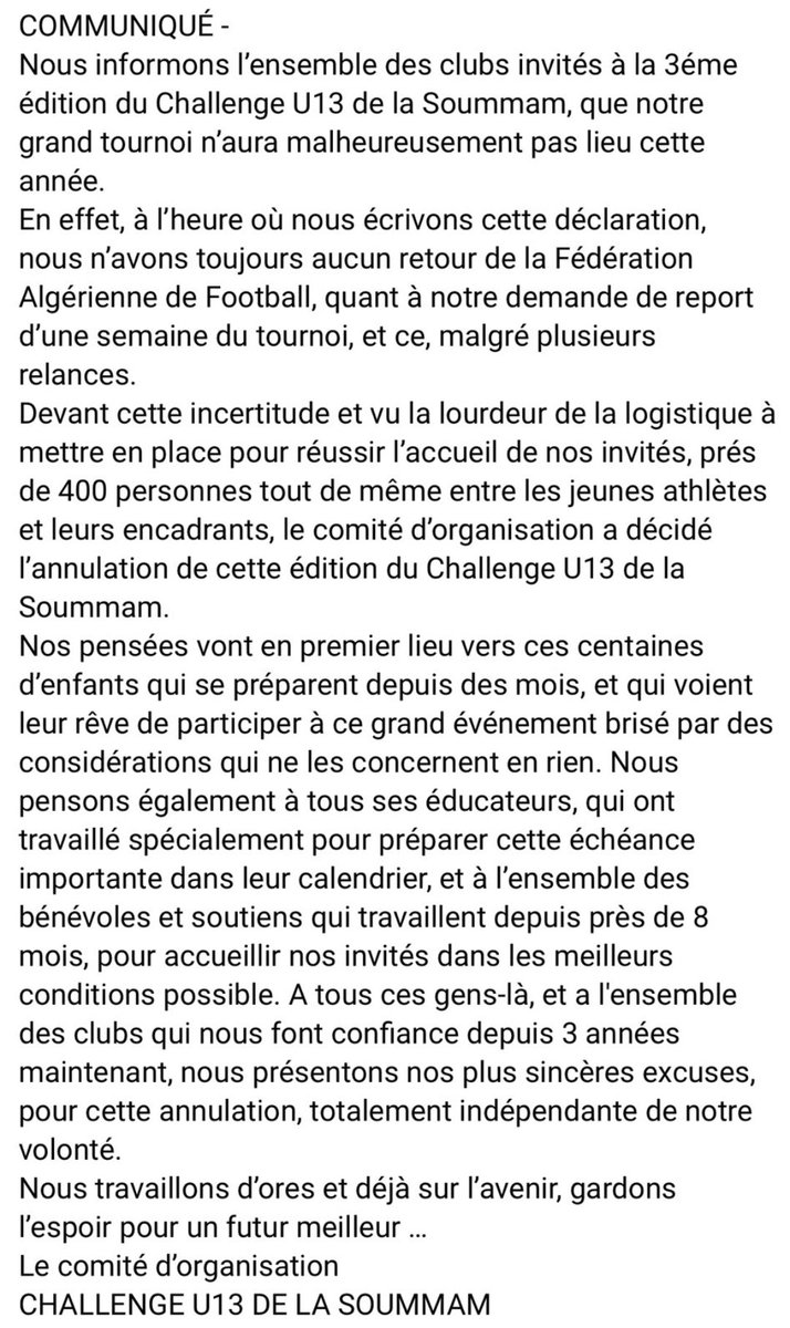 La fédération Algérienne c'est une catastrophe .
Ils ont arrêté le projet des académies de la FAF car pour eux je cite : la formation c'est le role des clubs et non pas de la fédération .
Et quand un club veut organiser un tournois international U13 , regarder la photo .

#Teamdz