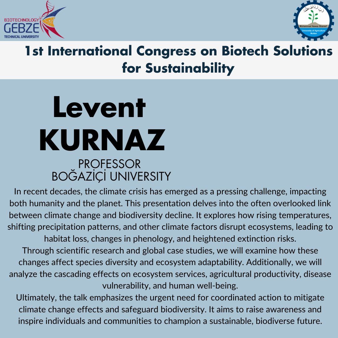📢Genel oturum konuşmacısı!  

Prof. Dr. Levent KURNAZ, iklim krizinin biyoçeşitlilik üzerine etkisine dair konuşmasını yapmak üzere kongremize katılıyor!    

Kayıt için son 3⃣ gün!  
Hemen kaydol: biotech4sus.org
