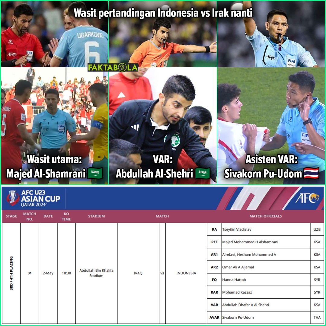 RESMI: Ofisial wasit untuk laga perebutan tempat ke-3 antara Indonesia vs Iraq nanti! 🇮🇩🇮🇶

Wasit utama: Majed Al-Shamrani 🇸🇦
VAR utama: Abdullah Al-Shehri 🇸🇦

Asisten VAR: Sivakorn Pu-Udom 🇹🇭

Sumber dari web resmi AFC