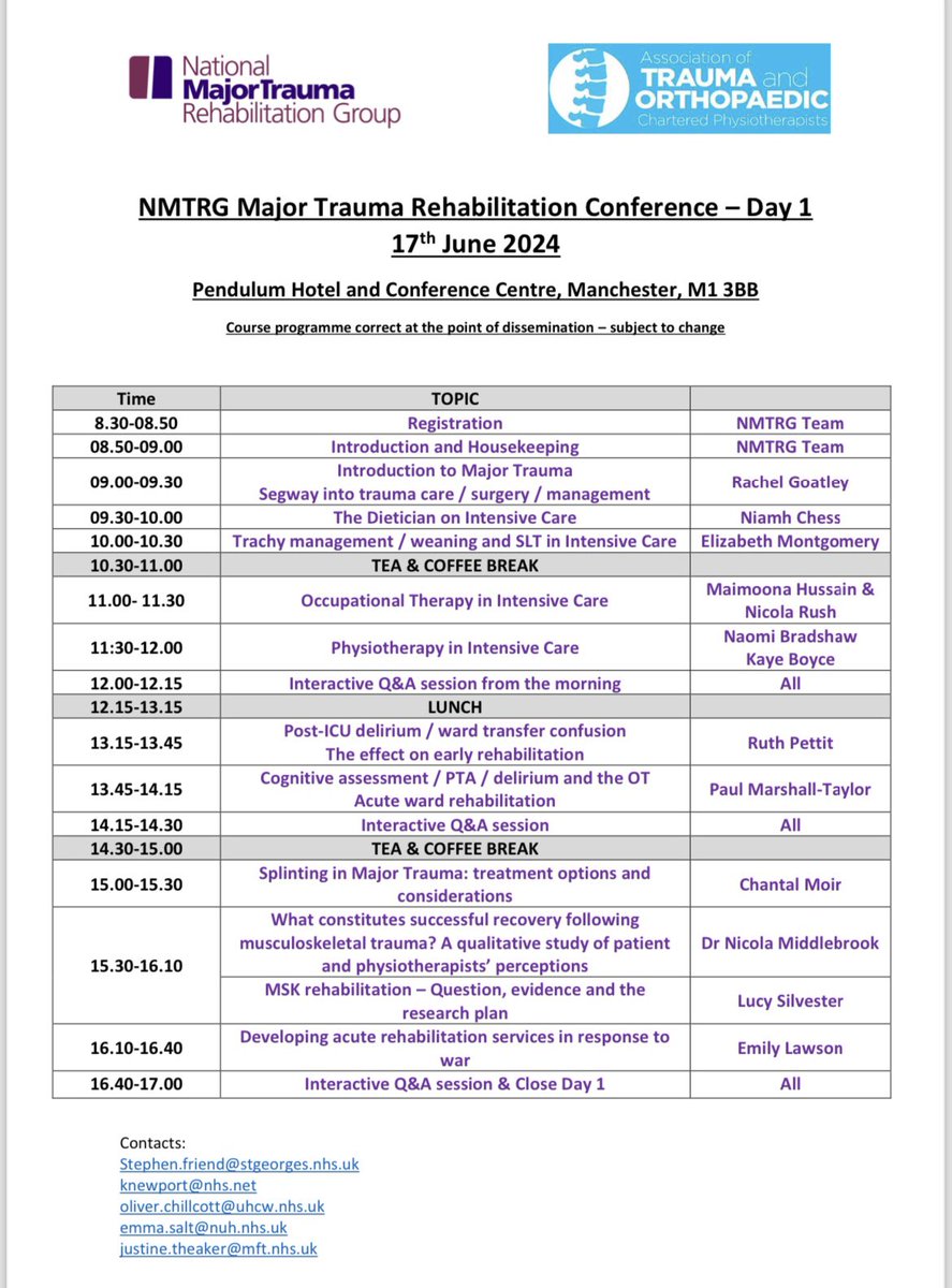 NMTRG conference line up, amazing speakers and great MDT focus on major trauma rehabilitation. @PhysioATOCP @NMTNGUK @JTheakr @NewportKay
