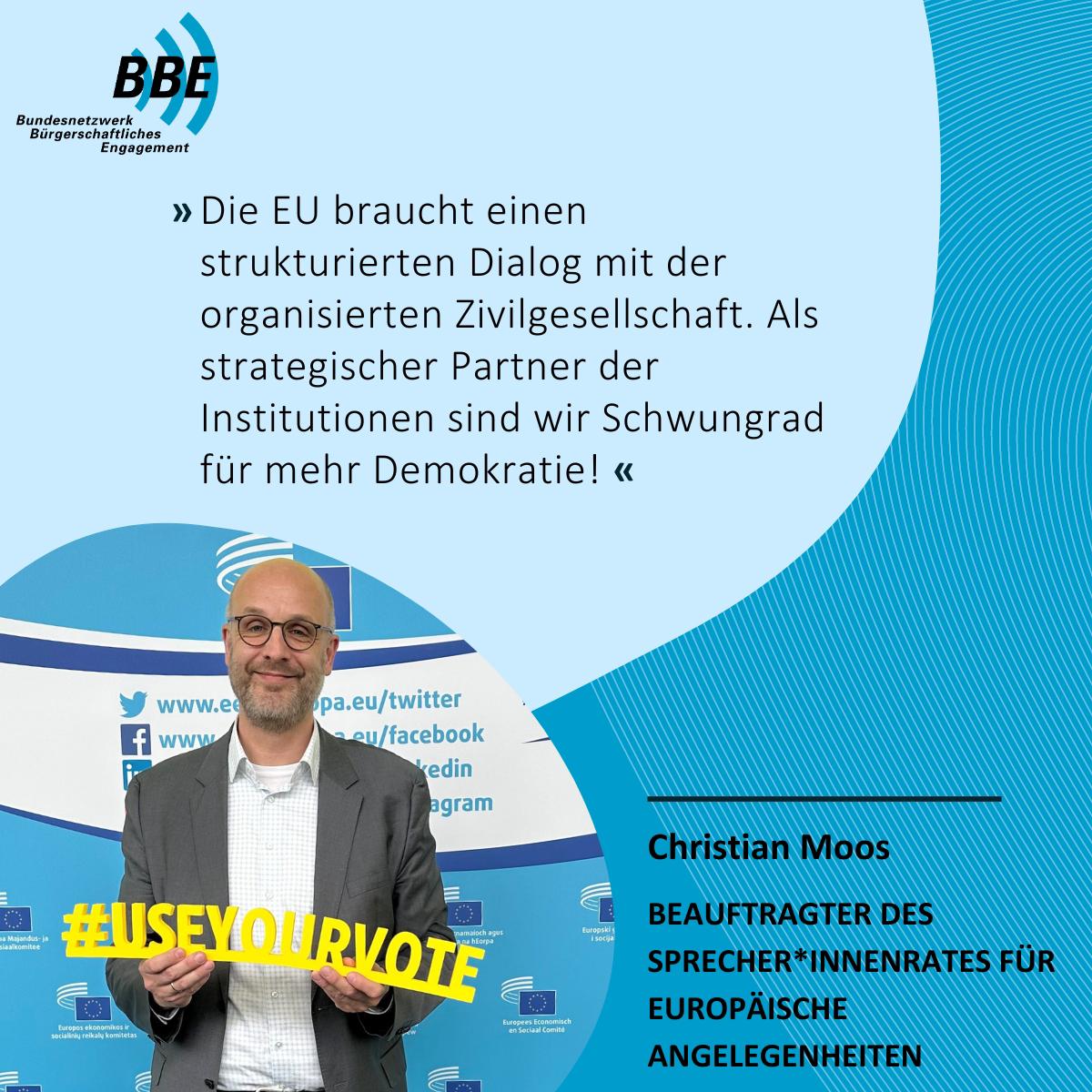 🌟 BBE-Testimonial-Kampagne #CivilSocietyForEurope zur #Europawahl startet heute mit BBE-Europabeauftragtem @ChristianMoos! In den kommenden Wochen machen wir die Stimmen der Zivilgesellschaft sichtbar. Für eine starke #Zivilgesellschaft in #Europa! 🇪🇺 #NutzedeineStimme #EurHope
